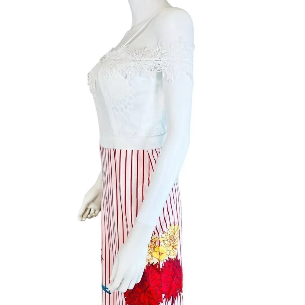 Chicways Floral Striped Cold Shoulder Jumpsuit